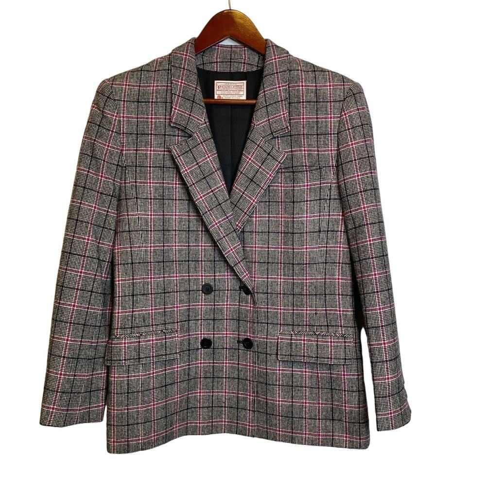 VTG 80s Pendleton 100% Virgin Wool Double Breasted Blazer Women's 10P Gray Pink